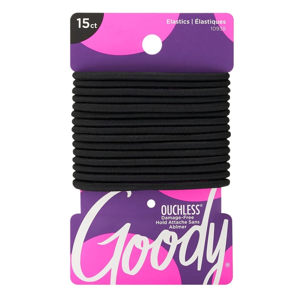 Goody Ouchless Elastic Hair Ties – 15 Ct Black 4MM Rubber Bands for Hair Pain…