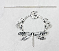 Dragonfly Crescent Moon Hair Bun Ponytail Holder Silvertone Metal