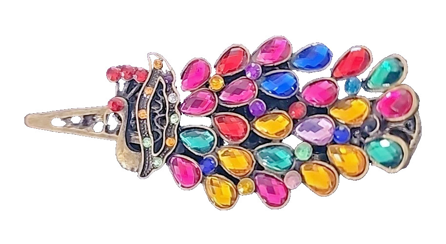 Peacock Hair Clip Multi Colored Rhinestone On Vintage Brass Tone Pinch Clip (*2)