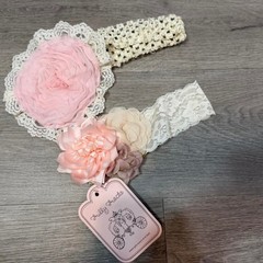 Frilly Frocks Baby Girl Floral Lace Headband Set Pink Ivory Shabby Chic NWT