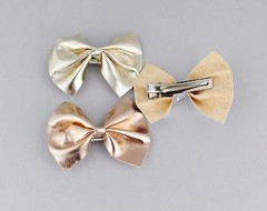 3 faux leather bow barrette metal hair clip 2.5″ wide Silver Rose Gold set of 3