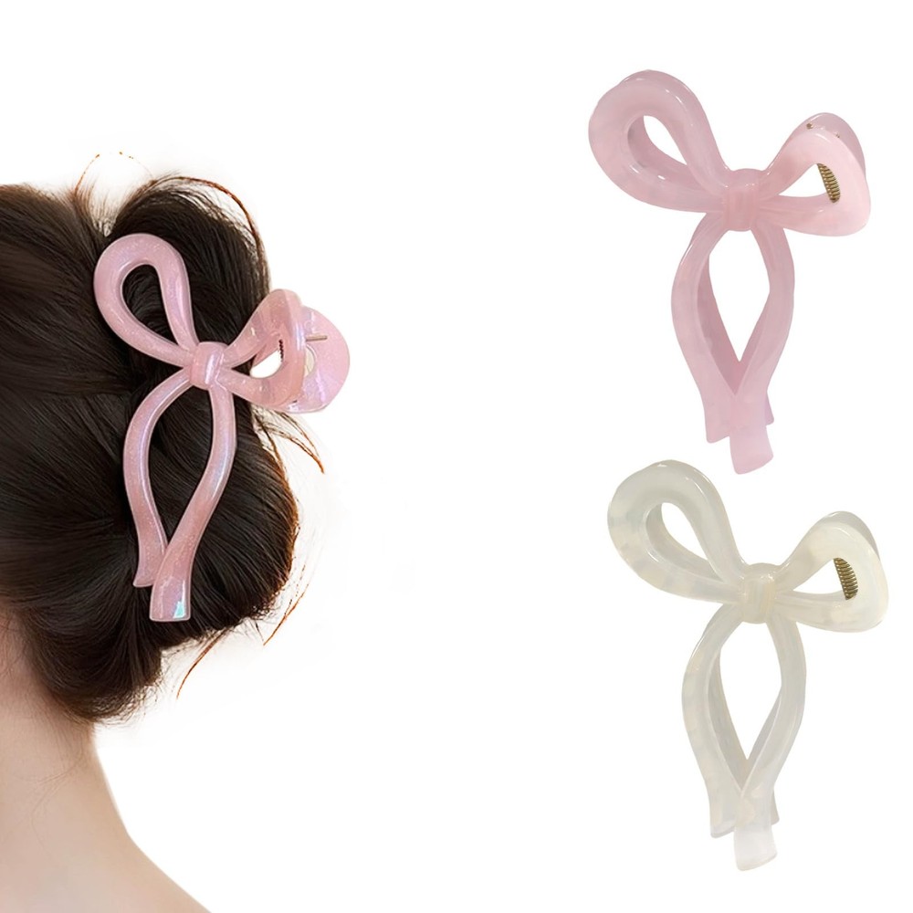ISDVBUY 2 Pack Jelly Bow Hair Clips – Large 1 Count (Pack of 2), Pink+Beige