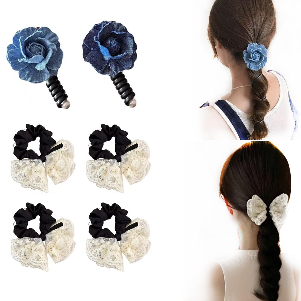 6 PCS Stretchy Hair Scrunchies with White Lace Denim Rose Bows Spiral Ties