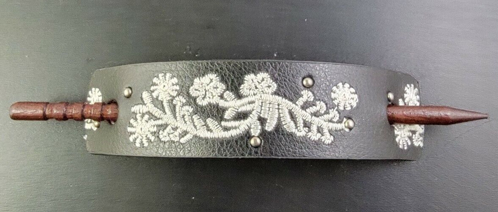HANDMADE BLACK white stitched HAIR STICK PIN BARRETTE leather ACCESSORY genuine