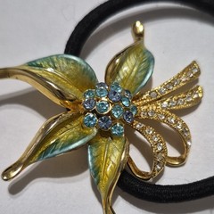 Gold Tone Flower Charm Blue Rhinestone Stretch Black Elastic Hair Tie for Women