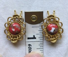 Vintage 70s Faux Orange Jasper Hair Clips, Gold Tone