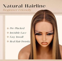 HD TRANSPARENT Lace Wig Long Straight Mix Brown Blond Highlight Human Hair Blend