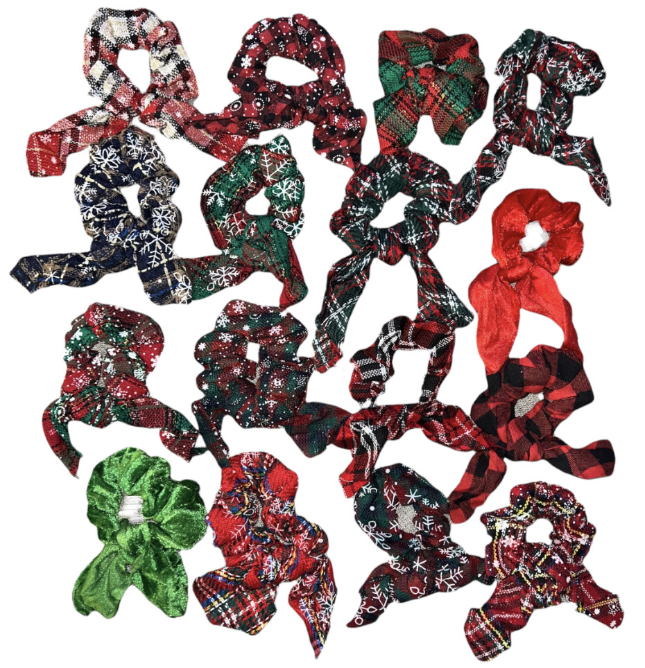 Set of 16 Holiday Hair Scrunchies Plaid Rabbit Ears Knotted Christmas Hair Ties