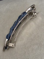 Vintage Delsol Made In France Blue Denim Rhinestone Barrette Hair Clip 3.5″