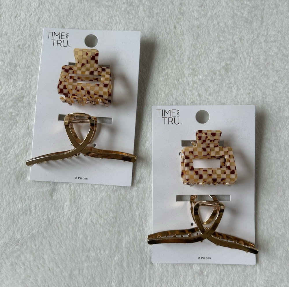 4 Pcs. Time and Tru Womens Multicolor Square and Loop Gold Metal Hair Claws NWT