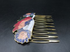 2″ VINTAGE CLOISONNE ENAMEL BUTTERFLY Flowers SLIDE SIDE COMB Golden Metal