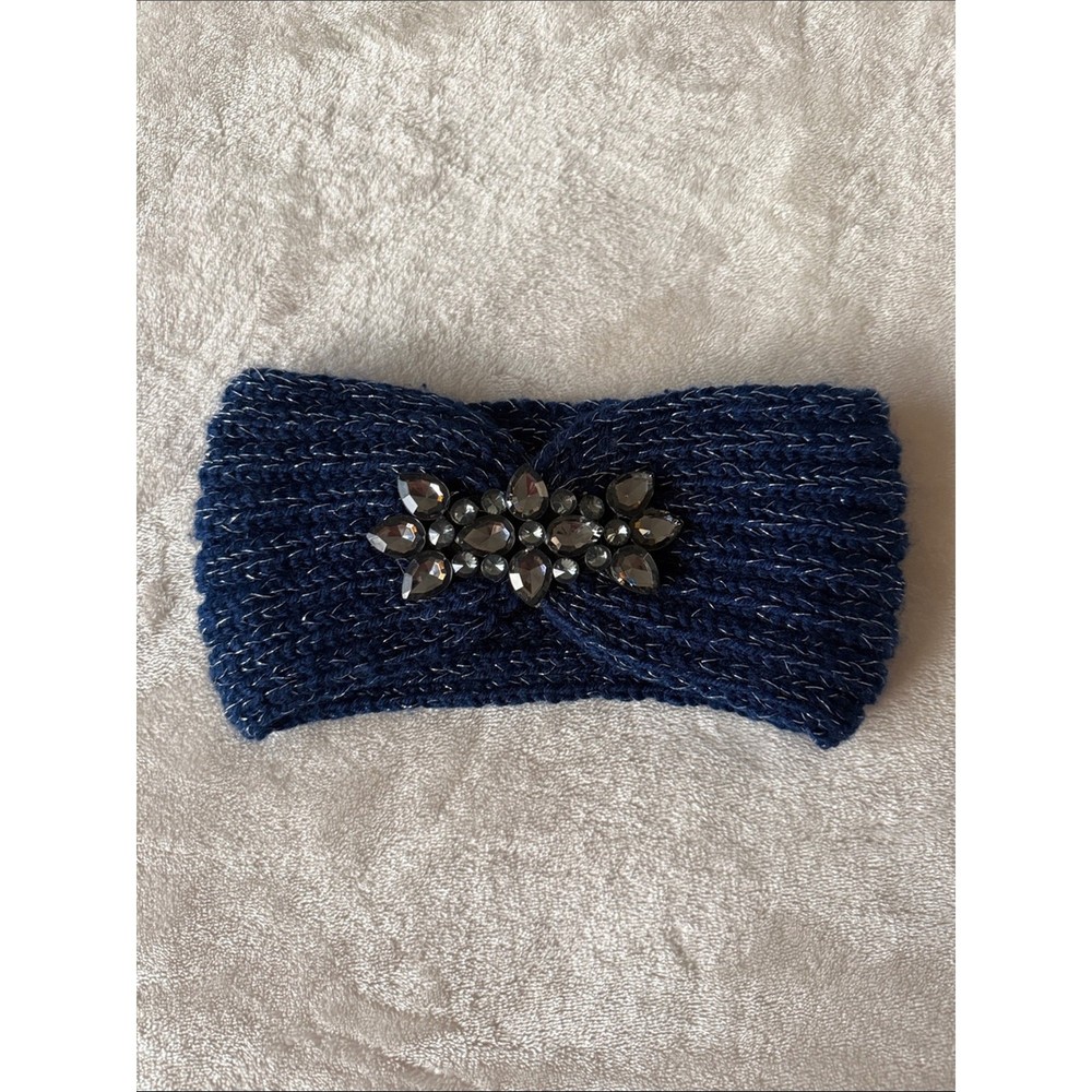 Navy blue & silver knit winter headband crystal rhinestone flower embellishment