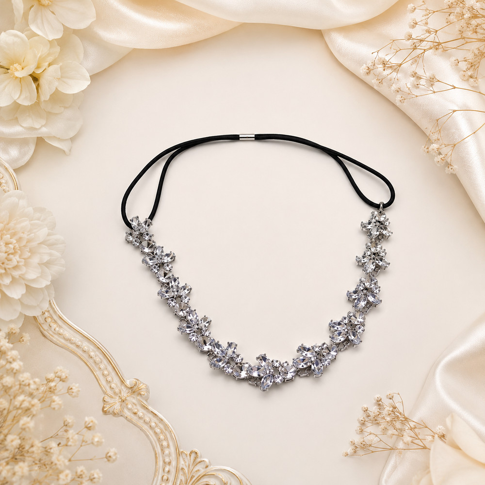 Crystal Rhinestone Floral Headband Black Elastic Stretch Silver Tone Wedding