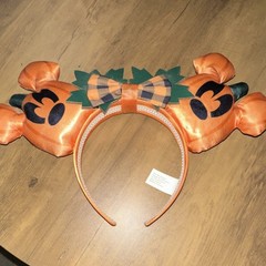 Disney Mickey Mouse Pumpkin Headband Halloween Plaid Fabric Bow Orange Black