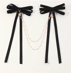 Black Bow Ribbon Hair Clip Set w/ Beaded Double Chain Drape, Solid Metal