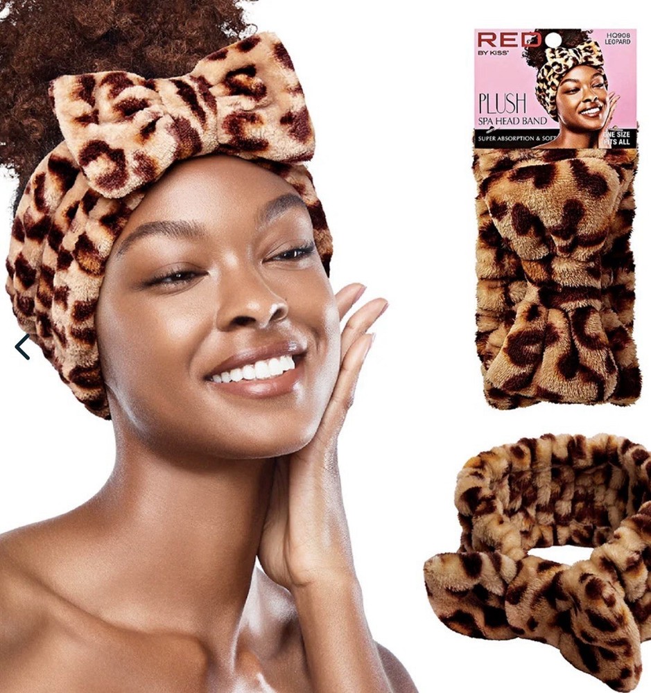 PLUSH SPA HEAD BAND BROWN LEOPARD CHEETAH PRINT ONE SIZE FITS ALL RED KISS SOFT