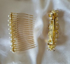 2 Faux Pearl Goldtone Wire Wrapped Spring Back Hair Barrette Comb Made In Korea