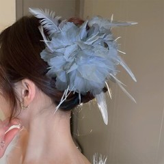 set of 2 Ahoney Grey Flower Hair Clips 5.1″ Feather Hair Clips for Women Non