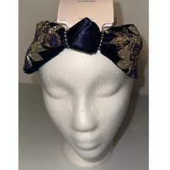 Headband Embellished Beaded Floral Knot Navy Blue & Gold
