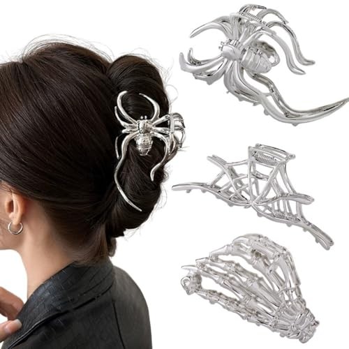 3PCS Spider Web Skeleton Hand Skull Hair Claw 3 Count (Pack of 1), Silver