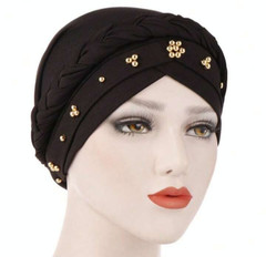 Women’s Ladies Braided Beaded Turban Headwrap Head Covering Headscarf Black