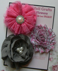HOT PINK & GREY Fabric Lace Organza 3 Flower Pk 6 to 7.5cm Njoyfull Crafts O4