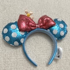 Disney Parks Minnie Mouse Sequin Ears Headband Blue Polka Dot Pink Bow