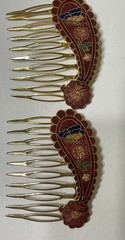 Vintage Pair Cloisonné Enamel Gold-Tone Floral Butterfly Hair Combs Barrettes 2”