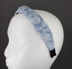 Light Blue denim turban knot headband fabric covered grip teeth paisley chambray