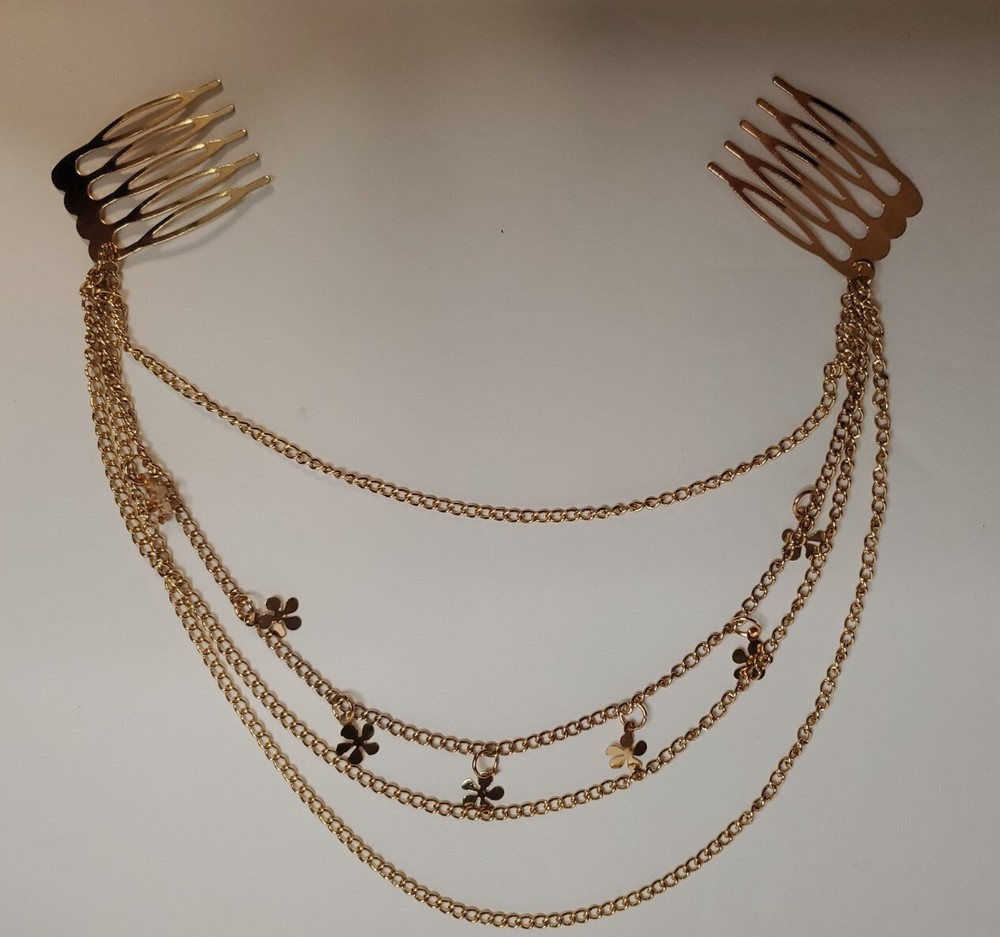 Hair Fashion Double 1″ Wide Comb Layered Gold Tone Chain Flower Charms Fantasy