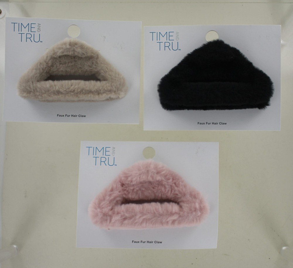3 New Time and Tru Faux Fur Hair Claws – Beige, Blush & Black