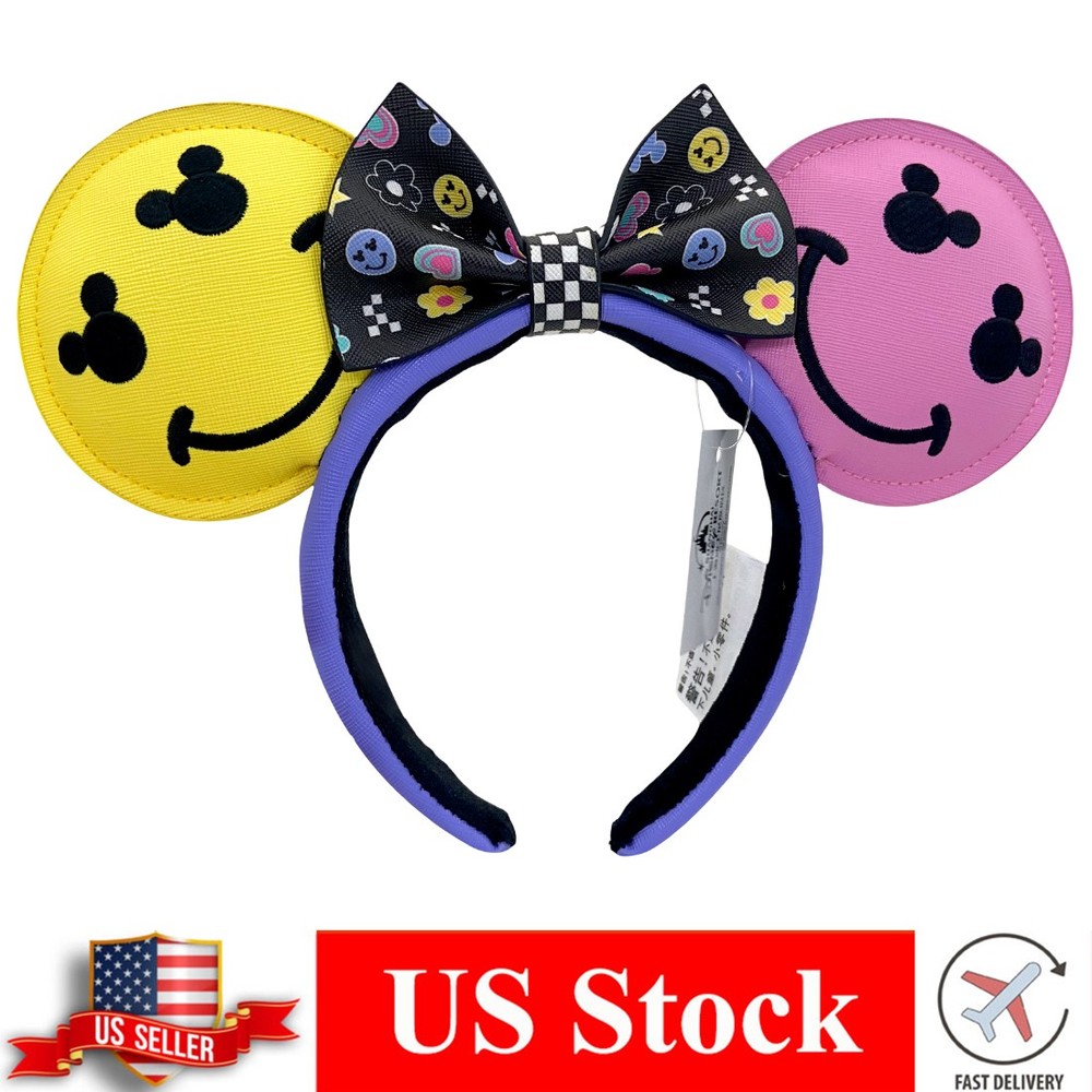 US Stock Disney-Parks Smiling Icon Mickey & Minnie Mouse Ears Headband Black Bow