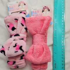 Set of 2 Spa Headbands Soft Terry Fabric Pink Solid & Animal Print Bow Stretch
