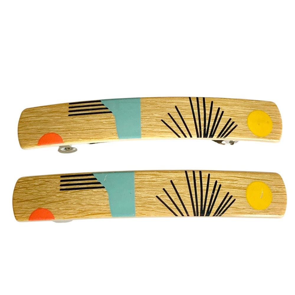 Stay Tight French Barrette Set of 2 Beige Wood Acrylic 3.5″ Long Hair Pop Art