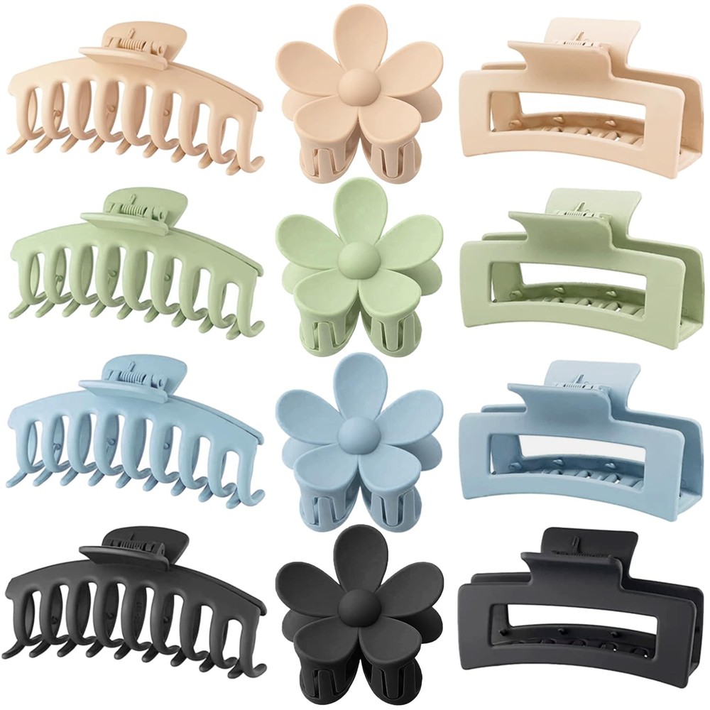 Large Hair Claw Clips 12 Pack Flower Square Matte Clips for Thick Thin Hair
