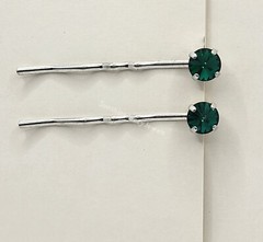 Handmade 2pc Hair/ Bobby Pins w/ Swarovski Crystal Emerald Chaton Stones