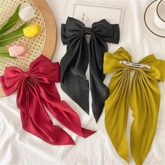 3 Women Solid Color Long Big Bow Float Satin Spring Clip Back Head Hair Clip