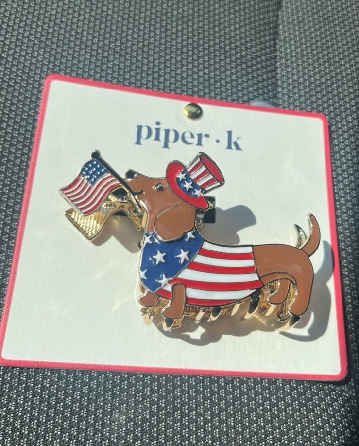 Piper K Patriotic Dachshund Hair Claw Clip Viral USA Flag July 4th Doxie Dog NWT