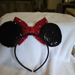 Disney Mickey Mouse Black Sequin Headband with Red Bow for Women Teens