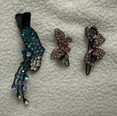 Lot of 3 Rhinestone Butterfly Metal Hair Clips Women Black Blue Pink