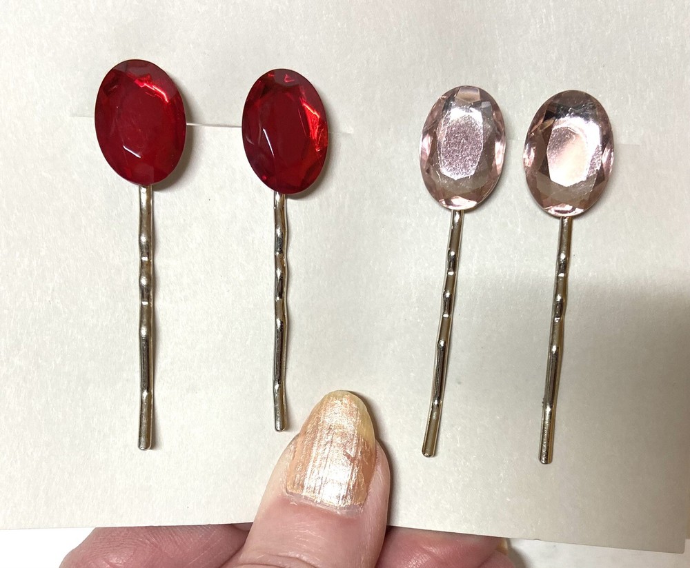 2x Bobby Pin sets- GLASS STONE ACCENT- OVAL RED and LAVENDER FACETED STONES