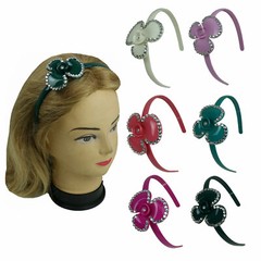6 Flower Headband w/Crystal Gem Stones with Teeth Underneath Assorted Colors