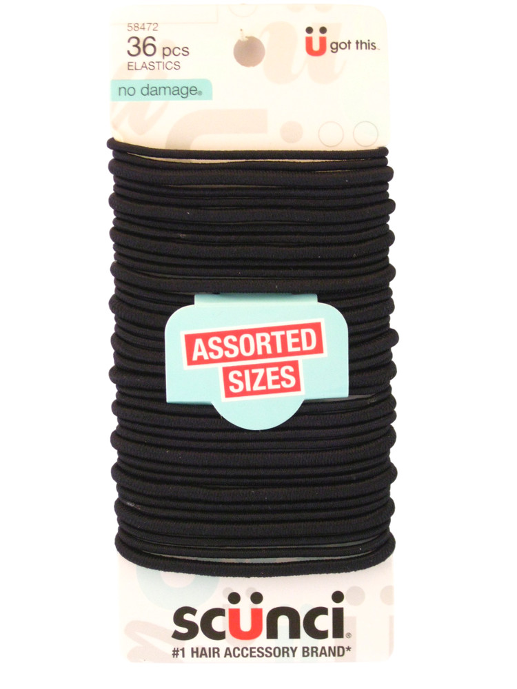SCUNCI NO DAMAGE BLACK ASSORTED SIZE HAIR ELASTICS – 36 PCS. (58472-A)