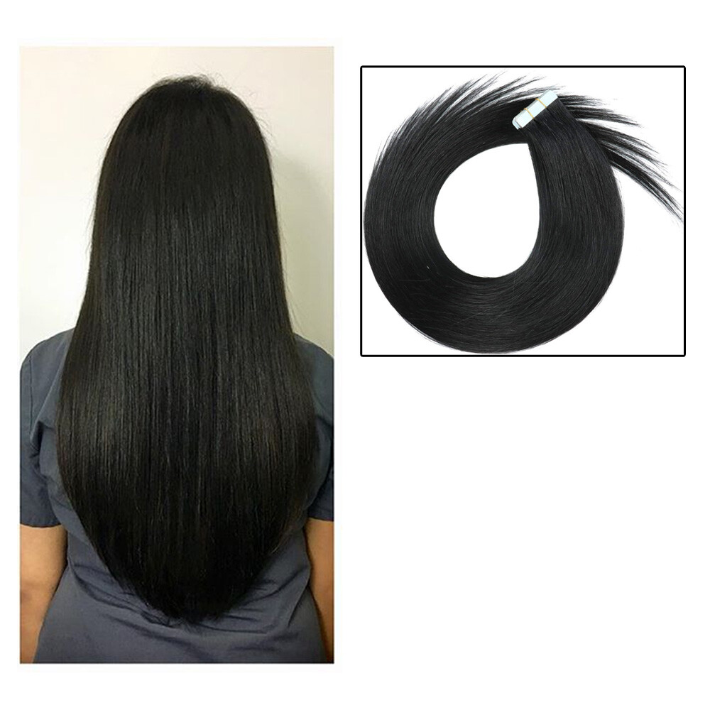 Remy Human Hair Tape-in Extensions 16″ – 28″ Natural Black For Woman .