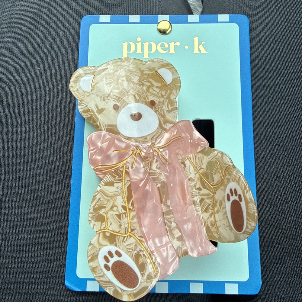 Piper K Teddy Bear 🧸 Hair Clip Large Claw Pink Bow Coquette 🎀 New
