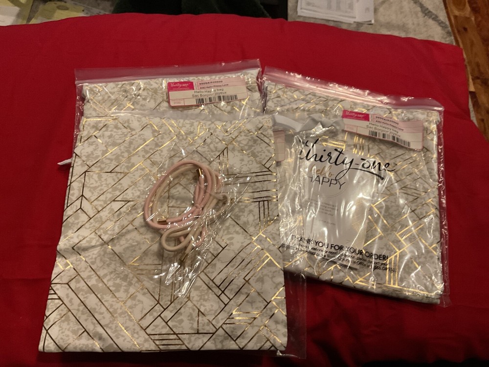 Thirty One – Hello Happy Love bag & hair ties – Lot of 3 – New in Packages
