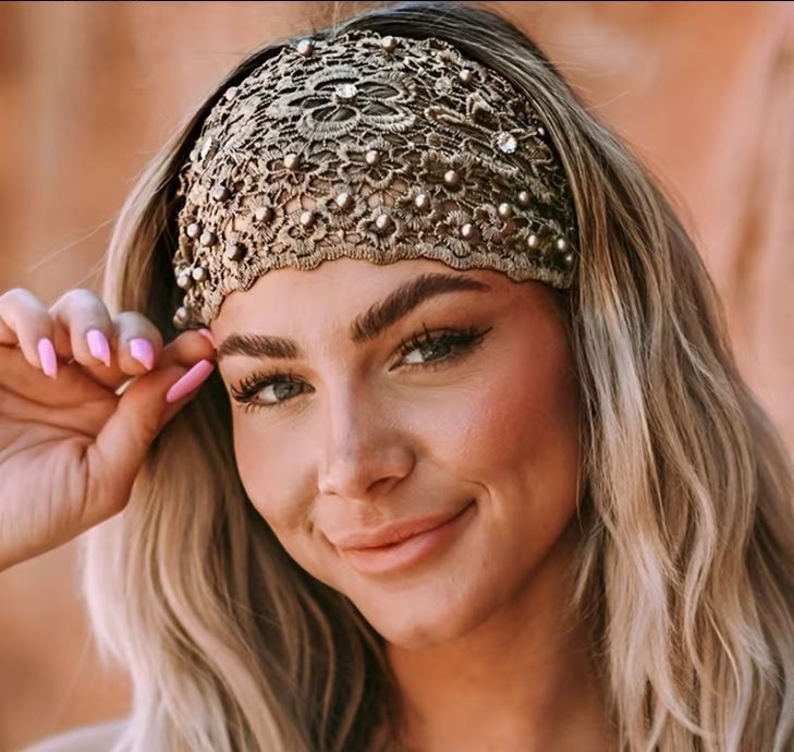 Floral Pearl Lace 6 “ Wide Elastic Headband For Women Shimmering Bronze/DarkGold