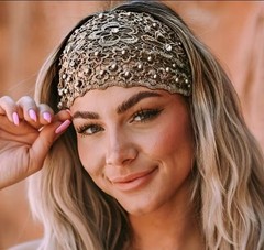 Floral Pearl Lace 6 “ Wide Elastic Headband For Women Shimmering Bronze/DarkGold