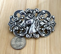X-Lrg Horse Head Barrette Silver pltd French Hair Clip, Western Cowgirl Wear