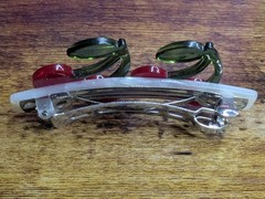 Adorable Rhinestone Cherry Cherries Faux Mother Of Pearl Hair Barrette Clip